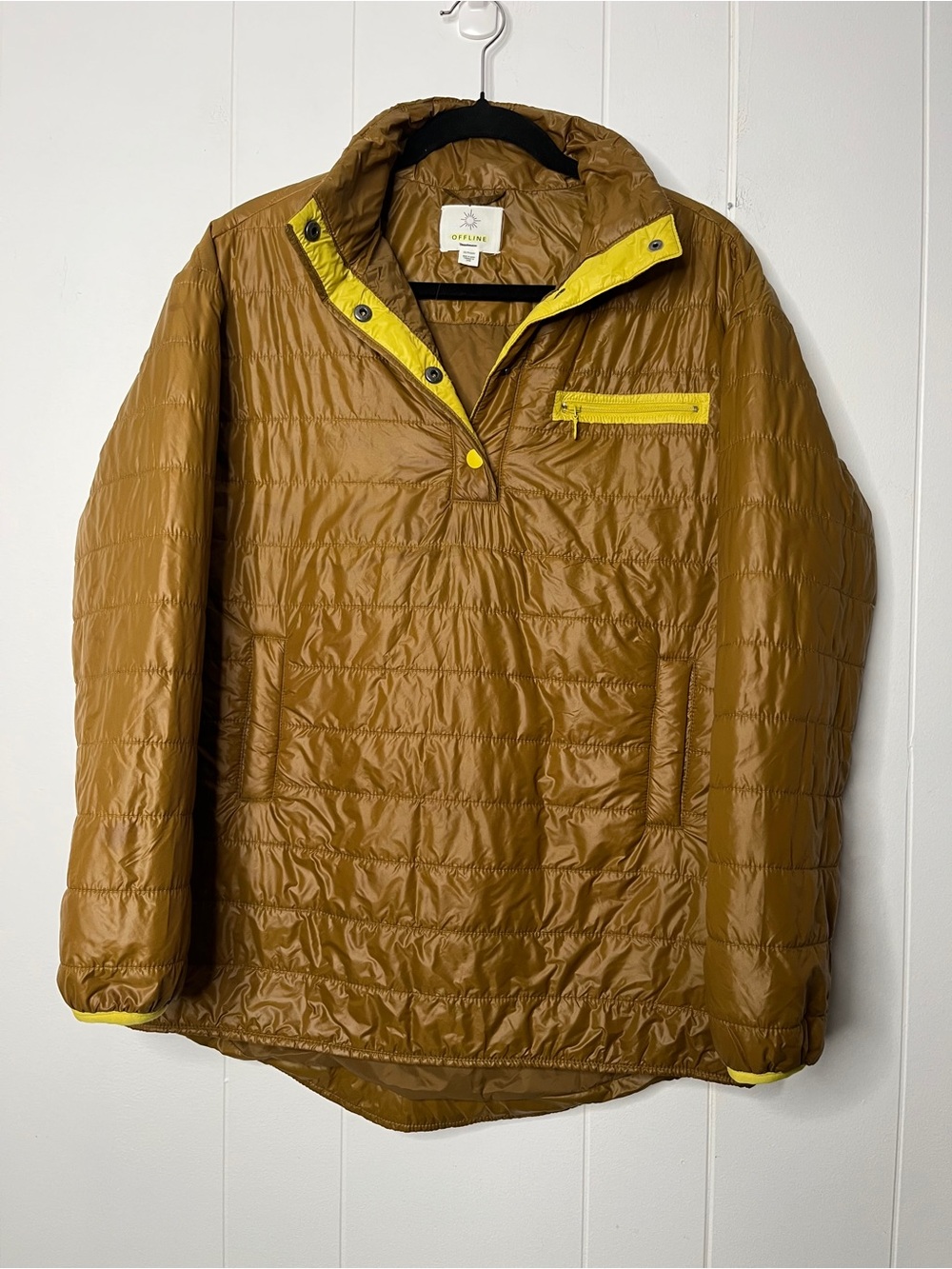 Aerie Quilted Popover Puffer Jacket Brown Puffer Pullover with Yellow Trim XS